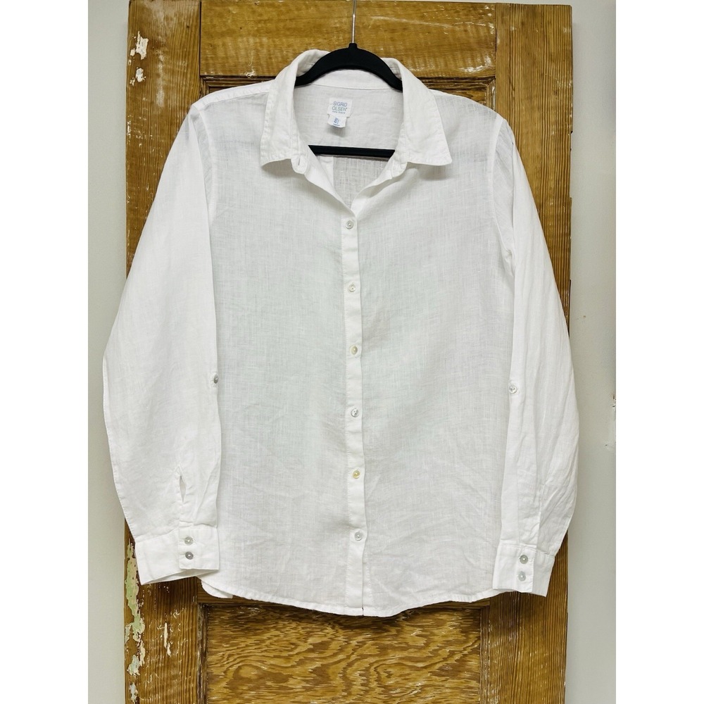 Sigrid Olsen Shirt L White Linen Roll Tab Back Detail Boho Minimalist Lagenlook